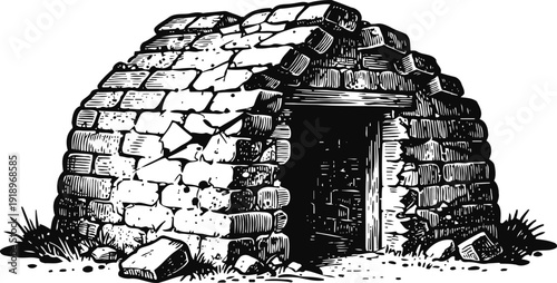 Stone igloo shelter with open entrance hand drawn vintage black and white illustration of old dome shaped stone hut