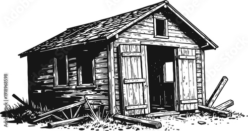 Old abandoned wooden shed with open double doors and scattered planks in black and white vintage