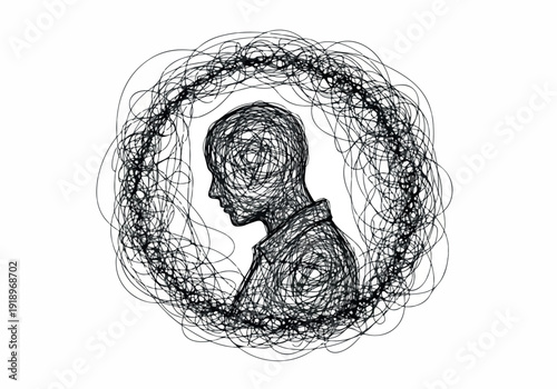 Illustration of a person's head surrounded by chaotic lines, representing confusion or distress