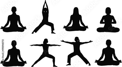 Yoga silhouettes collection with meditation and warrior poses isolated on white background fitness wellness vector illustration set