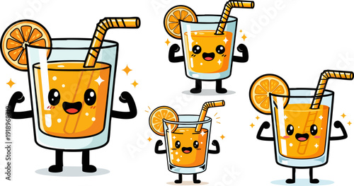 Cute orange juice glass cartoon character vector illustration set. Includes four different sizes of happy juice glasses with straw and orange slice garnish