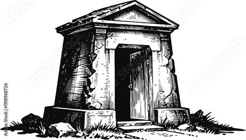 Ancient stone mausoleum with open doorway surrounded by grass and rocks, black and white vintage