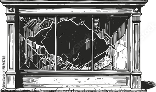 Vintage broken glass display cabinet with shattered panels and ornate wooden frame illustration