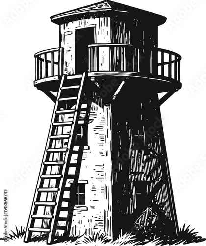Rustic wooden watchtower with ladder and balcony, vintage countryside guard tower illustration