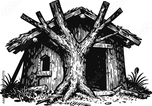 Abandoned wooden cabin with tree growing through roof detailed black and white rustic illustration