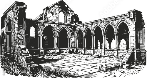 Ancient stone ruins of a gothic cloister with arched windows and columns, historic medieval architecture
