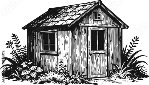 Rustic wooden garden shed surrounded by plants and grass, vintage countryside cabin illustration