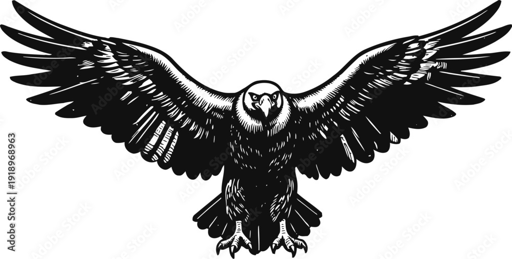 Fototapeta premium Black eagle illustration with wings spread wide, detailed bird of prey in flight, powerful and majestic design