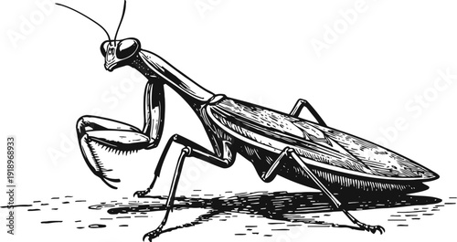 Detailed black and white illustration of a praying mantis insect with segmented legs and antennae