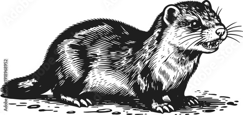 Black and white engraving of a fierce ferret snarling with visible teeth and detailed fur texture
