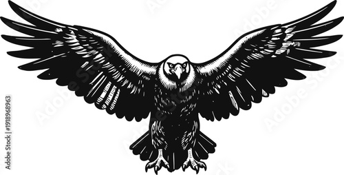 Black eagle illustration with wings spread wide, detailed bird of prey in flight, powerful and majestic design
