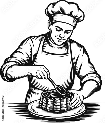Chef decorating cake with spoon on plate pastry baker in uniform preparing dessert illustration