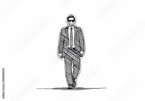 A minimalist sketch of a businessman wearing sunglasses and a suit, walking forward with confidence and purpose