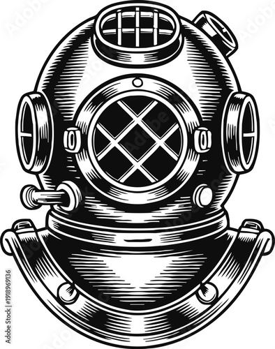Vintage deep sea diving helmet illustration with classic round window and metal details