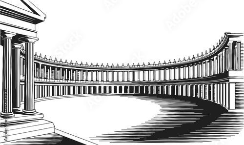Black and white vector illustration of classical ancient roman colonnade with curved rows of columns and shadows