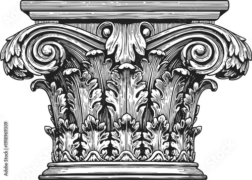 Elegant classical corinthian capital with acanthus leaves and volutes architectural detail