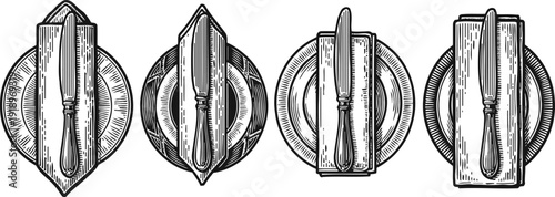 Hand drawn knife and napkin arrangements on round plates, vintage cutlery set illustrations