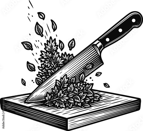 Chef's knife chopping fresh herbs on wooden cutting board in vintage engraving