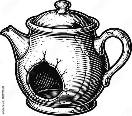 antique cracked teapot with broken hole and detailed vintage design illustration