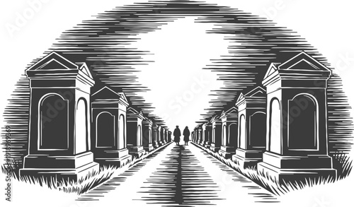 Graveyard pathway with tombstones on both sides under full moon night silhouette of two walking figures