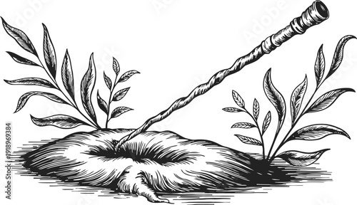 Ancient wishing well with plants and wooden pole hand drawn vintage folklore illustration