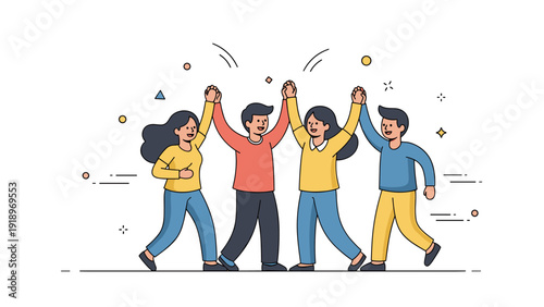 Happy diverse young adults celebrating together with raised hands