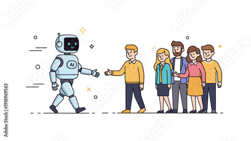 Ai robot meeting group of diverse adults: embracing technology and innovation