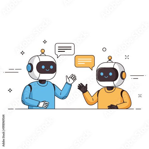 Chatting robots with speech bubbles in conversation scene