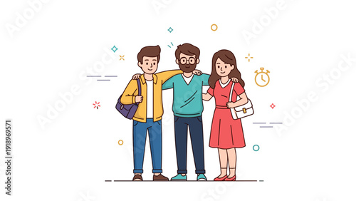 Friendly group hug: young adults with backpacks smiling together