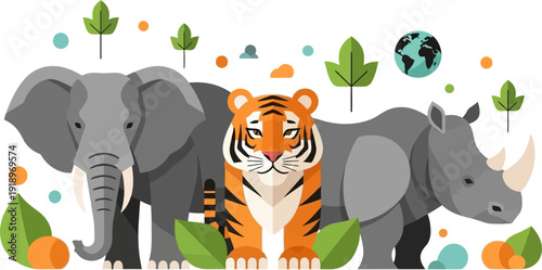 Majestic wildlife assembly featuring an elephant, tiger, and rhinoceros, symbolizing global conservation efforts and the critical importance of protecting endangered species across diverse ecosystems