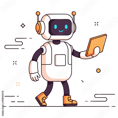 Cute robot walking with tablet illustration in minimalist style
