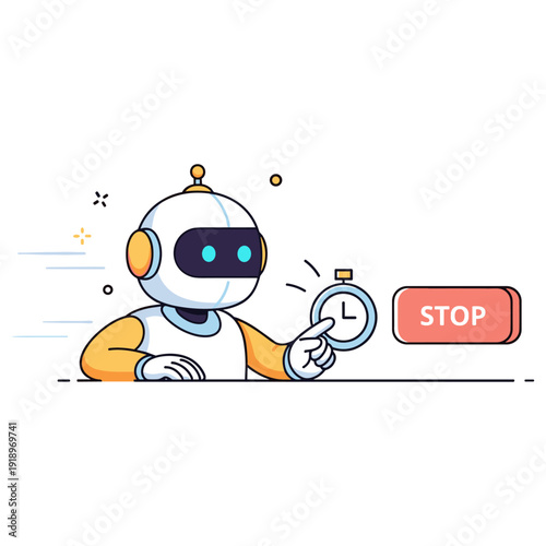 Friendly cartoon robot holding stopwatch and stop button on white background