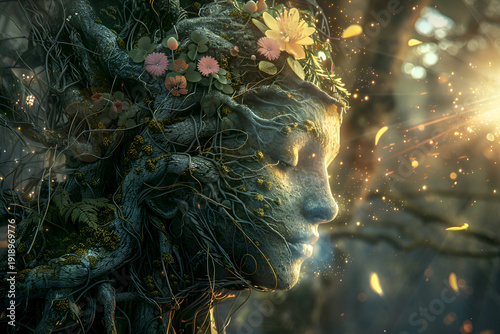 Enchanted forest deity with humanlike visage surrounded by nature's beauty