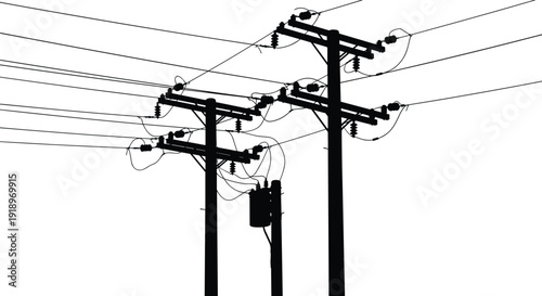 Electric utility poles with power lines silhouette isolated on white background, electricity distribution infrastructure concept, energy transmission system illustration
