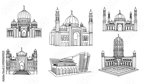 Islamic Mosque Architecture Outline Drawings – Diverse Architectural Style Vector Set