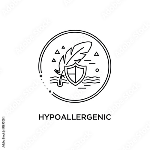 Hypoallergenic line icon with feather and protective shield inside round frame