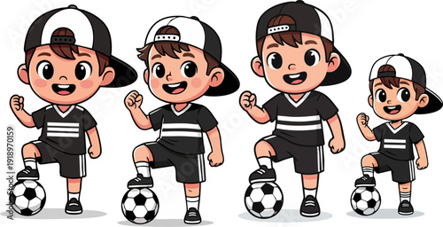 Four cartoon boys in black and white outfits with baseball caps, each with one foot on a soccer ball, isolated on a transparent background. This vector illustration depicts young athletes ready