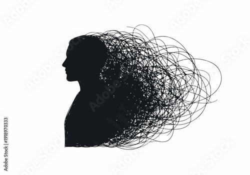 Silhouette of a profile of a person with a tangled mess of lines erupting from their head, symbolizing a chaotic mind or mental distress