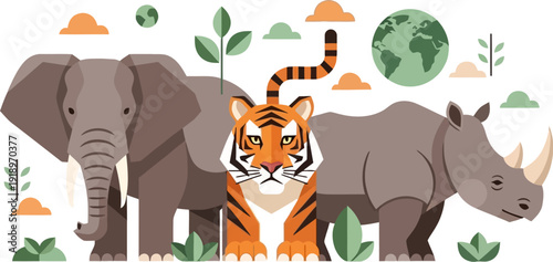 Colorful illustration showing an elephant, tiger, and rhinoceros with plants and a globe, promoting global wildlife conservation and environmental protection
