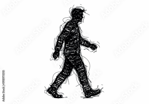 Illustration of a person walking rendered in a sketchy, black and white style, conveying movement and individuality