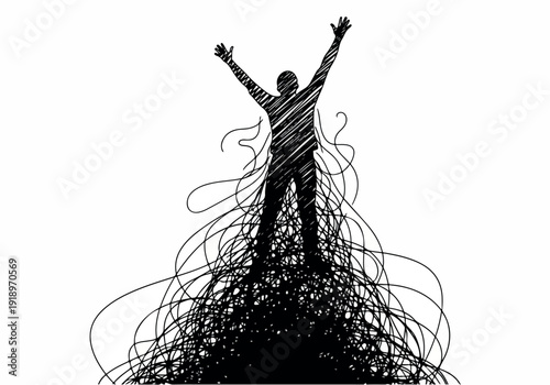 Abstract Silhouette of a Person Emerging from Tangled Lines Representing Freedom and Release