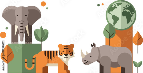 Flat design illustration of an elephant, tiger, rhinoceros, and globe, clearly depicting the crucial concept of wildlife and nature conservation for environmental protection
