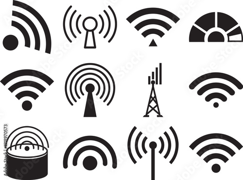 Wireless Network and Wi-Fi Icon Set: Minimalist Silhouette Collection of Signal Strength, Hotspot, Radio Tower, and Connectivity Vectors.