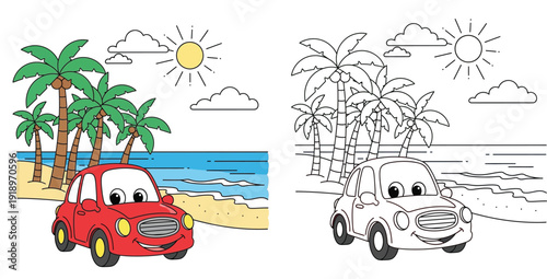 Cute red car on the beach coloring book page vector illustration for kids with colored example and black and white outline for printing and education.