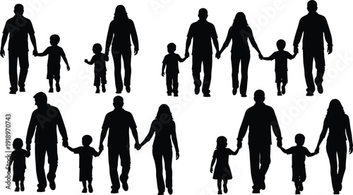 Family silhouettes walking together holding hands isolated on white background parents and children love relationship concept vector illustration set