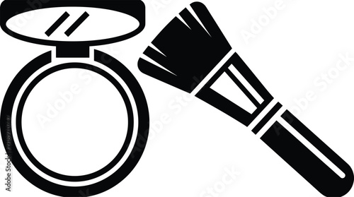 Black and white illustration of compact powder case with mirror and makeup brush symbolizing cosmetics, beauty, grooming, and personal care