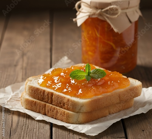 Orange marmalade spread on two slices of white toast, garnished with mint and jar in background