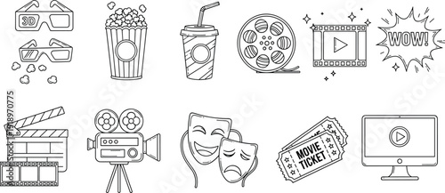 Cinema and movie line art icon set. 3D glasses, popcorn, camera and clapperboard in thin outline style. Minimal black and white illustration isolated on white background.