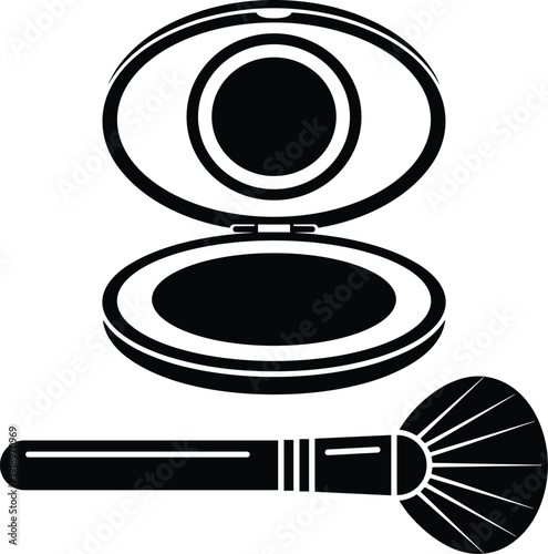 Black and white illustration of compact powder case with mirror and makeup brush symbolizing cosmetics, beauty, grooming, and personal care