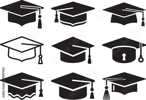 Academic Graduation Cap Icon Set: Minimalist Silhouette Collection of Mortarboard Vectors for Education, Degree Achievement, and University Convocation.